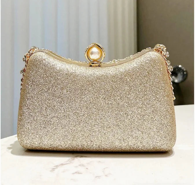 Glamorous Rhinestone Crystal Evening Clutch Bag - Luxury Pearl Clasp Party Handbag with Detachable Chain