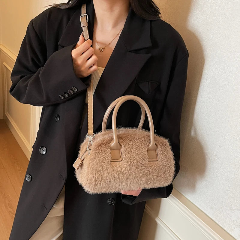 Aura Bags Fluffy Faux Fur Mini Handbag & Crossbody Bag with Top Handles