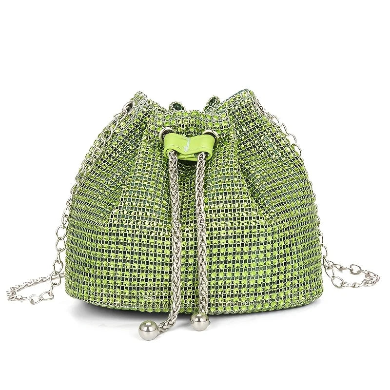 Elegant Crystal Rhinestone Crossbody Evening Bag – Metallic Drawstring Bucket Purse with Gold Chain