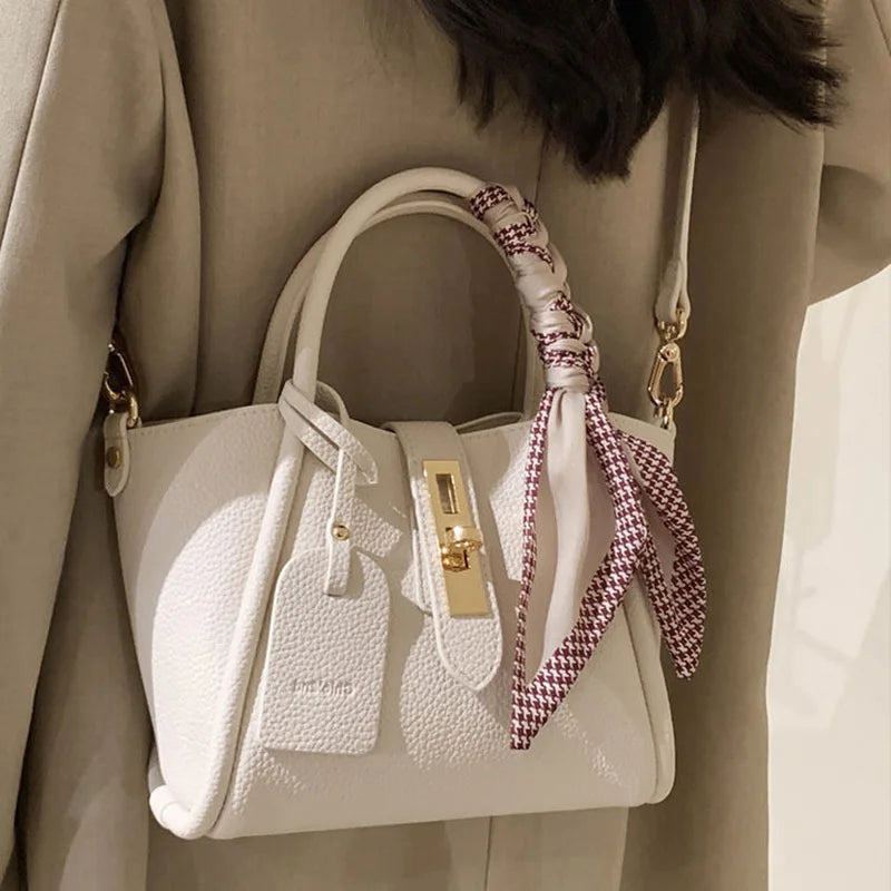 Elegant White Pebbled Leather Handbag with Scarf – Chic Top Handle & Crossbody Tote