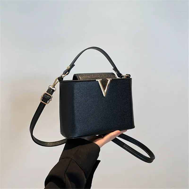 Chic Structured "V" Logo Top-Handle & Crossbody Bag in Classic Black