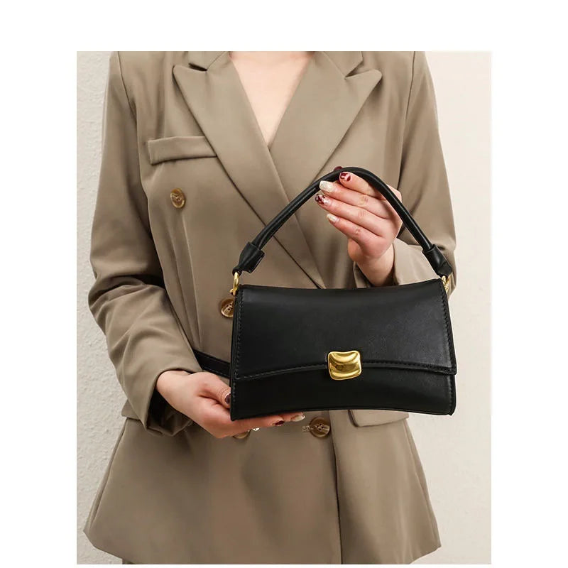 Chic Black PU Leather Shoulder Bag for Women | Elegant Underarm Bag with Gold Hardware & Lock Buckle