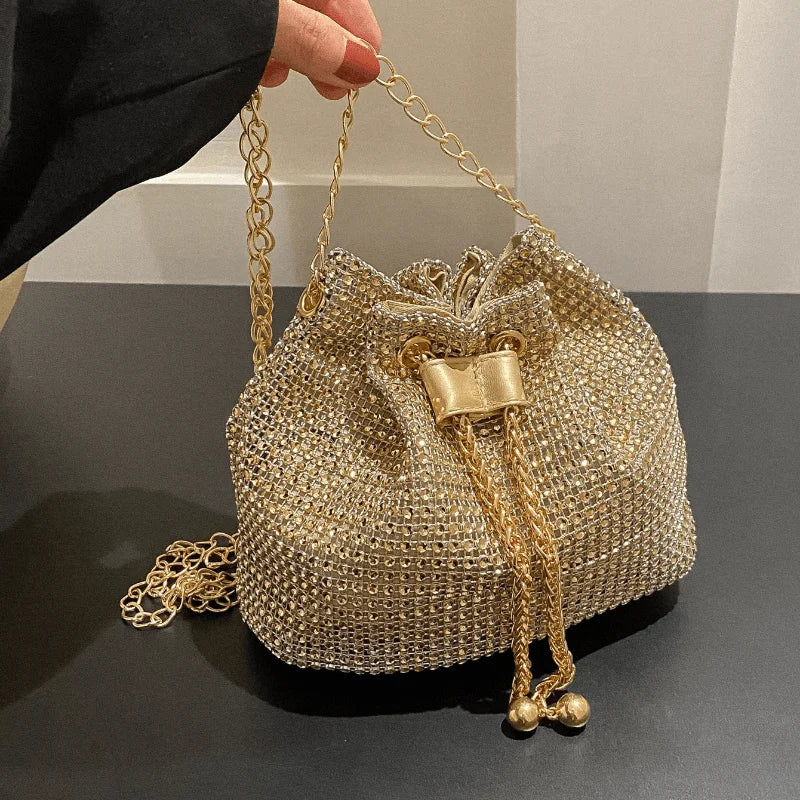 Elegant Crystal Rhinestone Crossbody Evening Bag – Metallic Drawstring Bucket Purse with Gold Chain