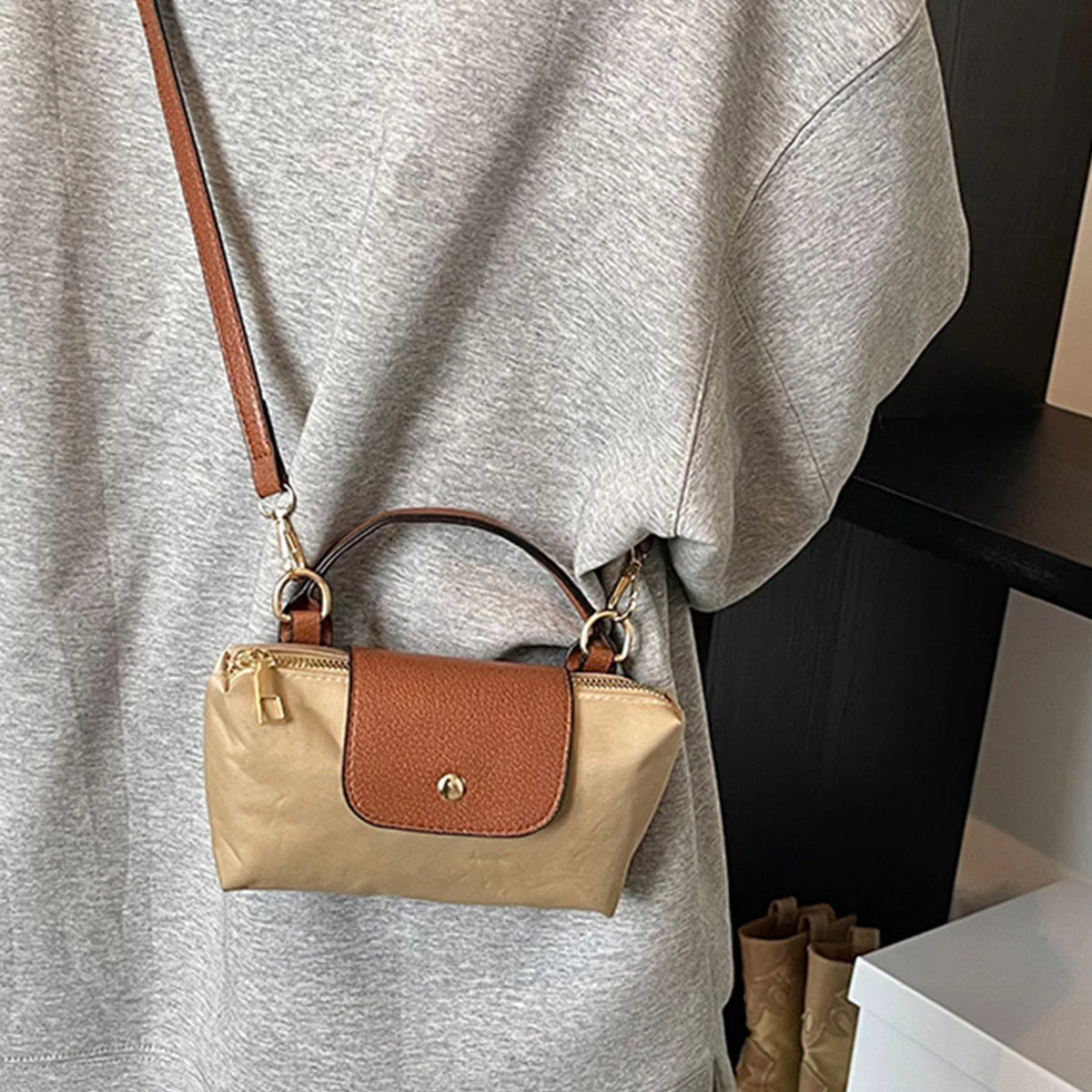 Chic Two-Tone Nylon Mini Crossbody & Top-Handle Bag with Brown Trim