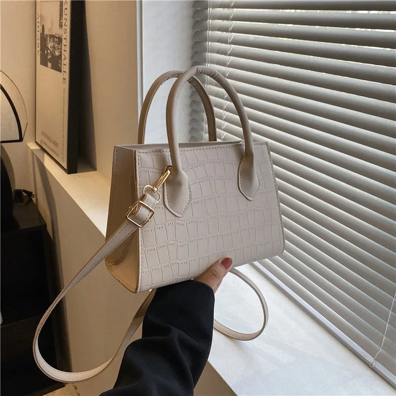 Faux-Croc Textured Structured Handbag with Crossbody Strap