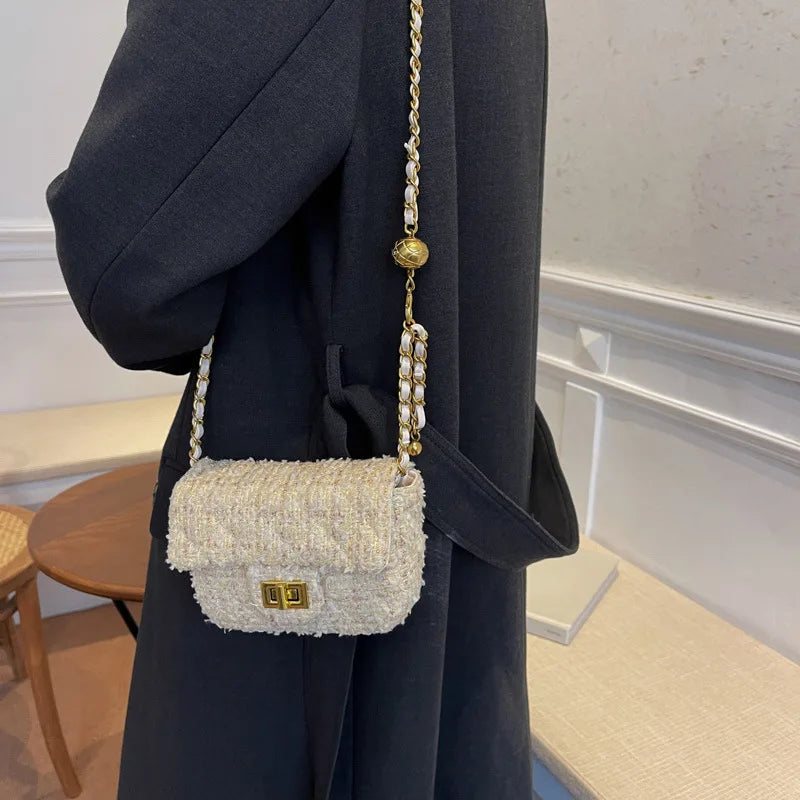 Classic Tweed Flap Crossbody Bag - Elegant Woven Shoulder Bag with Gold Chain Strap