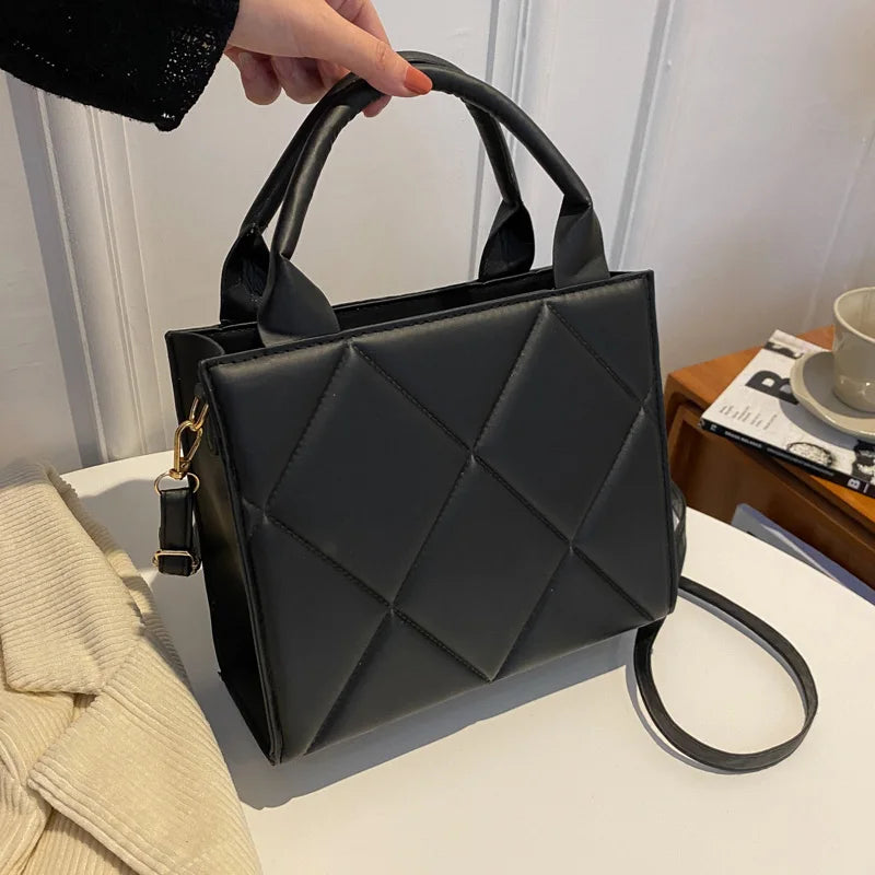 Classic Black Quilted PU Leather Tote Bag – Structured Top Handle Handbag & Crossbody Purse