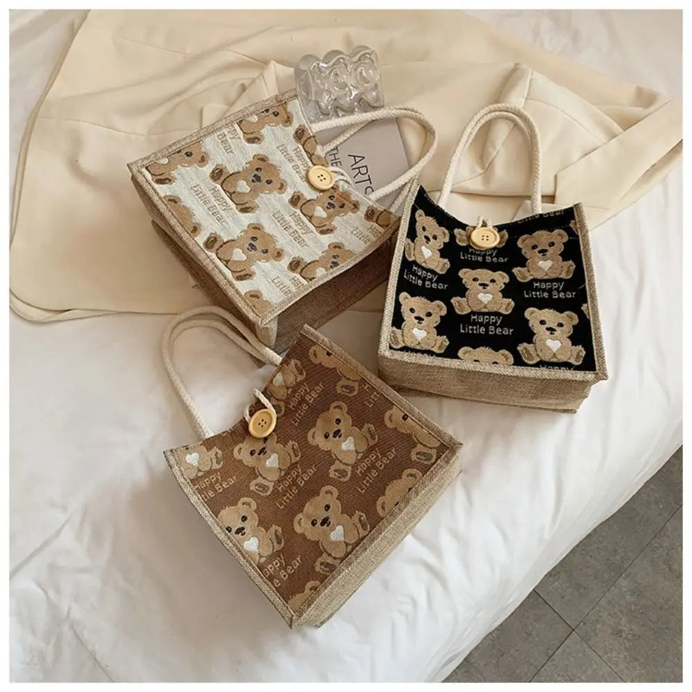 Adorable "Happy Little Bear" Print Jute and Canvas Tote Bag Featuring Soft Rope Handles and Cute Wooden Button Closure for Women and Girls