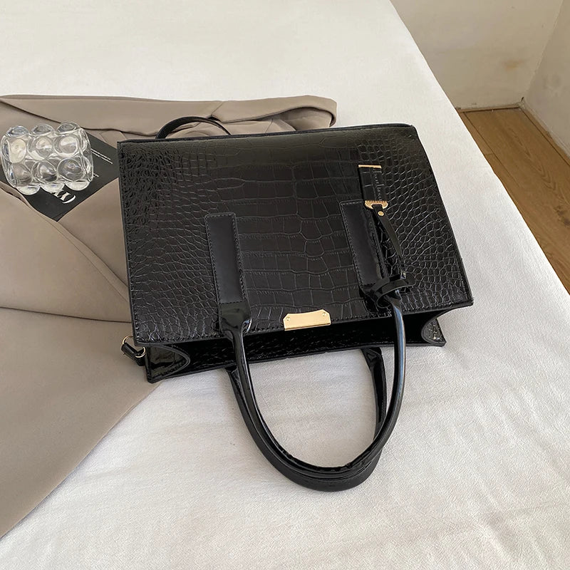 Luxury Glossy Croc-Embossed Red Tote & Shoulder Bag for Women