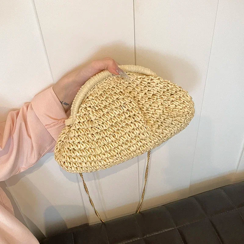 Boho Chic Woven Straw Dumpling Crossbody Bag – Lightweight Summer Beach Shoulder Bag with Gold Chain