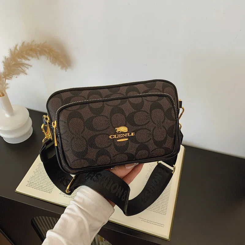 Classic Monogram Pattern Multi-Pocket Crossbody Bag for Women | Chic Wide Strap Shoulder Camera Purse