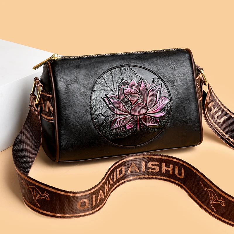 Vintage Embossed Lotus Flower Barrel Bag – Chic Wide-Strap Crossbody & Shoulder Bag for Women
