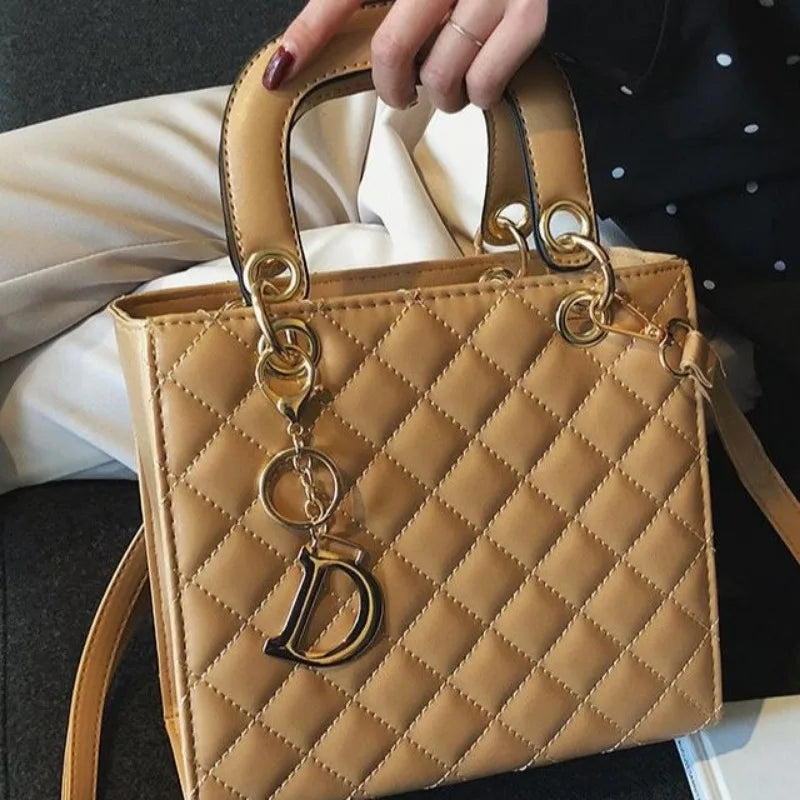 Chic Quilted Pattern Top Handle Handbag for Women | Elegant PU Leather Crossbody & Shoulder Bag with Charm
