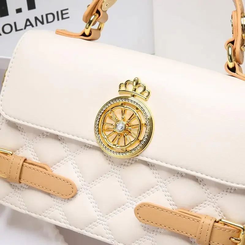 Elegant White and Tan Designer-Style Satchel with Gold Chain