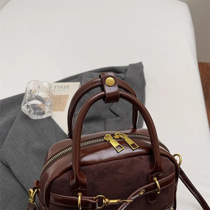 Dark Academia Chic Buckled Handbag with Gold Hardware