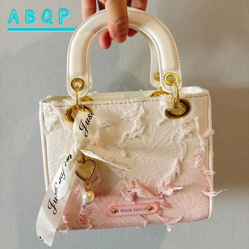 Trendy White & Pink Gradient Mini Handbag with Crossbody Strap and Pearl Bow Details
