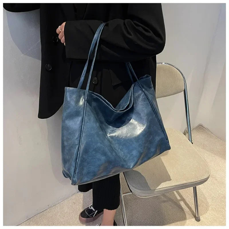 Modern Glossy PU Leather Tote Bag | Large Capacity Soft Shoulder Shopping Bag for Women