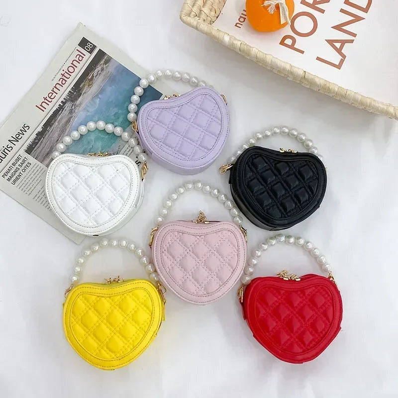 Cute Quilted Heart-Shaped Mini Handbag with Pearl Handle
