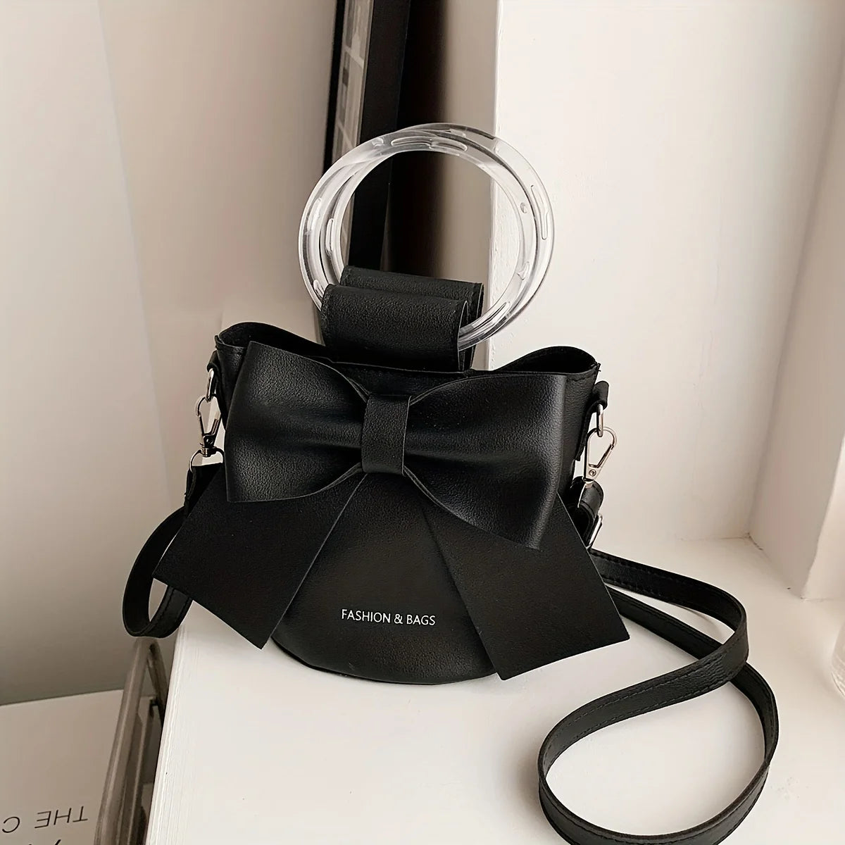 Chic Black Bow Bucket Bag with Clear Ring Handle | Coquette Aesthetic Purse