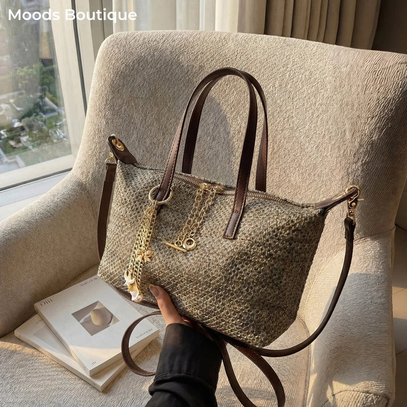 Woven Straw Tote Bag with Brown PU Leather Trim & Gold Chain Charms