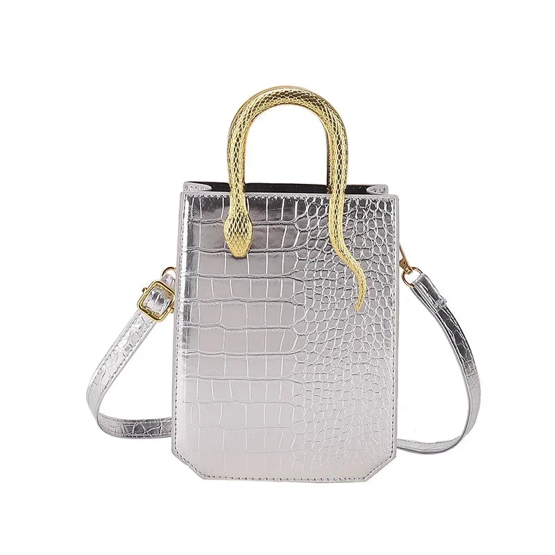 Aura Bags Luxury Crocodile Pattern Square Crossbody Bag with Gold Snake Handle