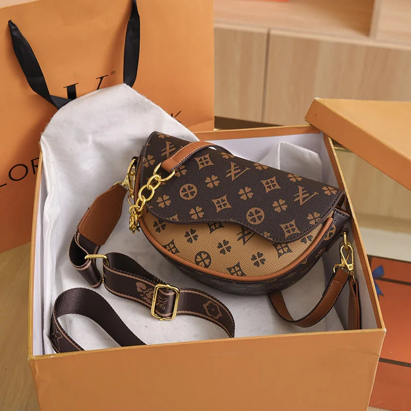 Chic Monogram Saddle Crossbody Bag | Vintage Pattern Half-Moon Shoulder Bag with Wide Strap