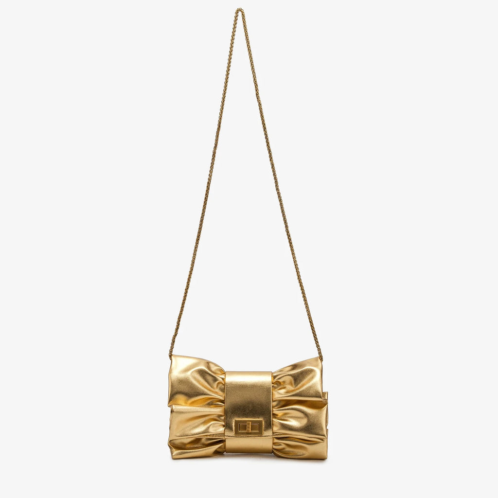 Luxurious Designer-Inspired Pleated Bow PU Leather Evening Clutch and Crossbody Bag Featuring Metallic Twist-Lock Closure and Chain Strap for Women
