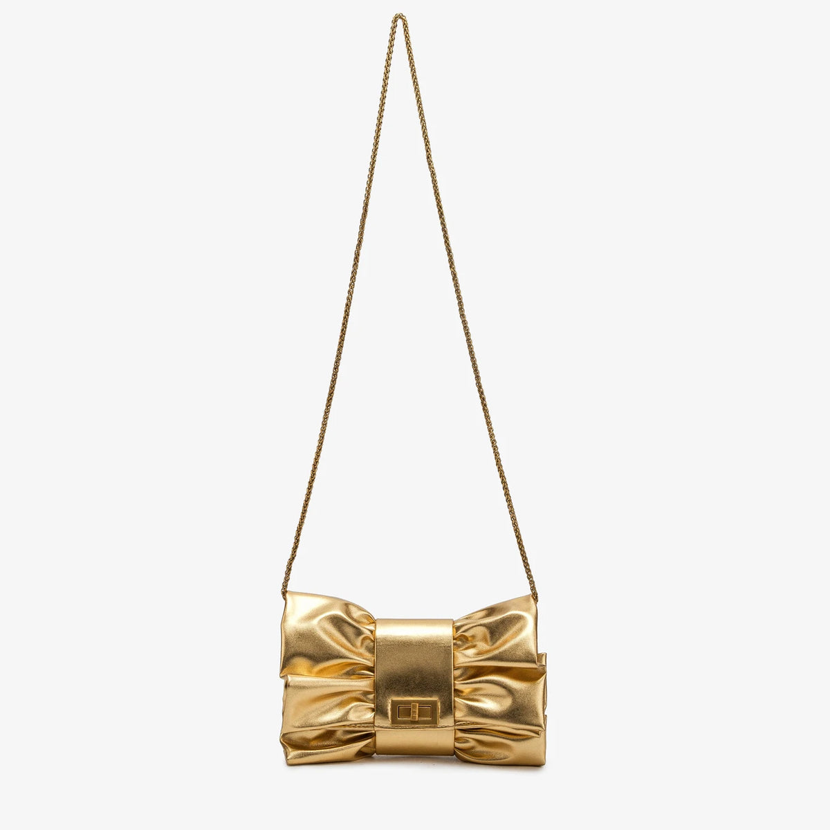 Luxurious Designer-Inspired Pleated Bow PU Leather Evening Clutch and Crossbody Bag Featuring Metallic Twist-Lock Closure and Chain Strap for Women
