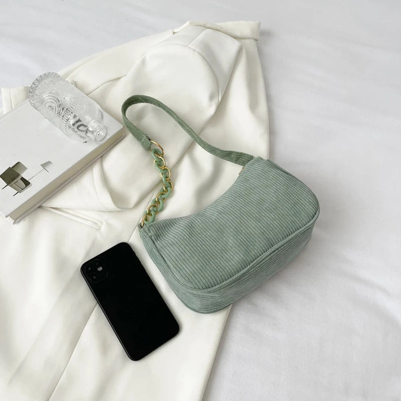 Aesthetic Corduroy Underarm Baguette Bag with Pastel Chain Accent | Soft Girl Y2K Shoulder Purse ✨