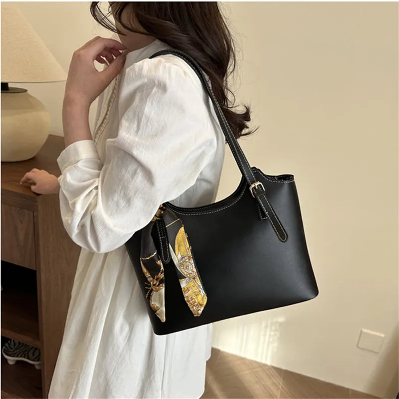 Classic Chic PU Leather Tote Bag with Scarf Accessory