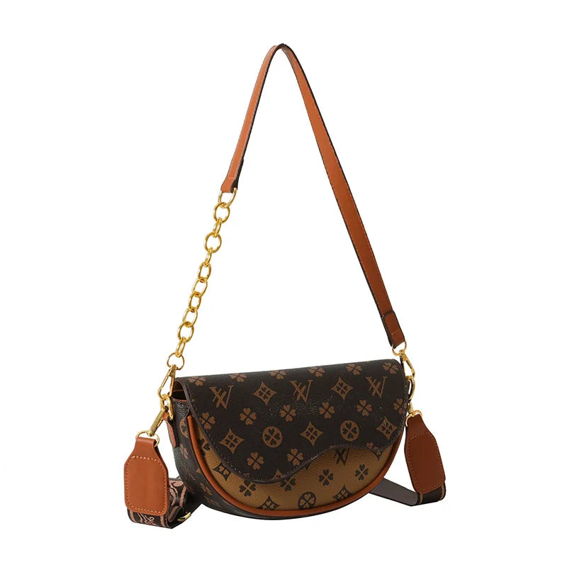 Chic Monogram Saddle Crossbody Bag | Vintage Pattern Half-Moon Shoulder Bag with Wide Strap