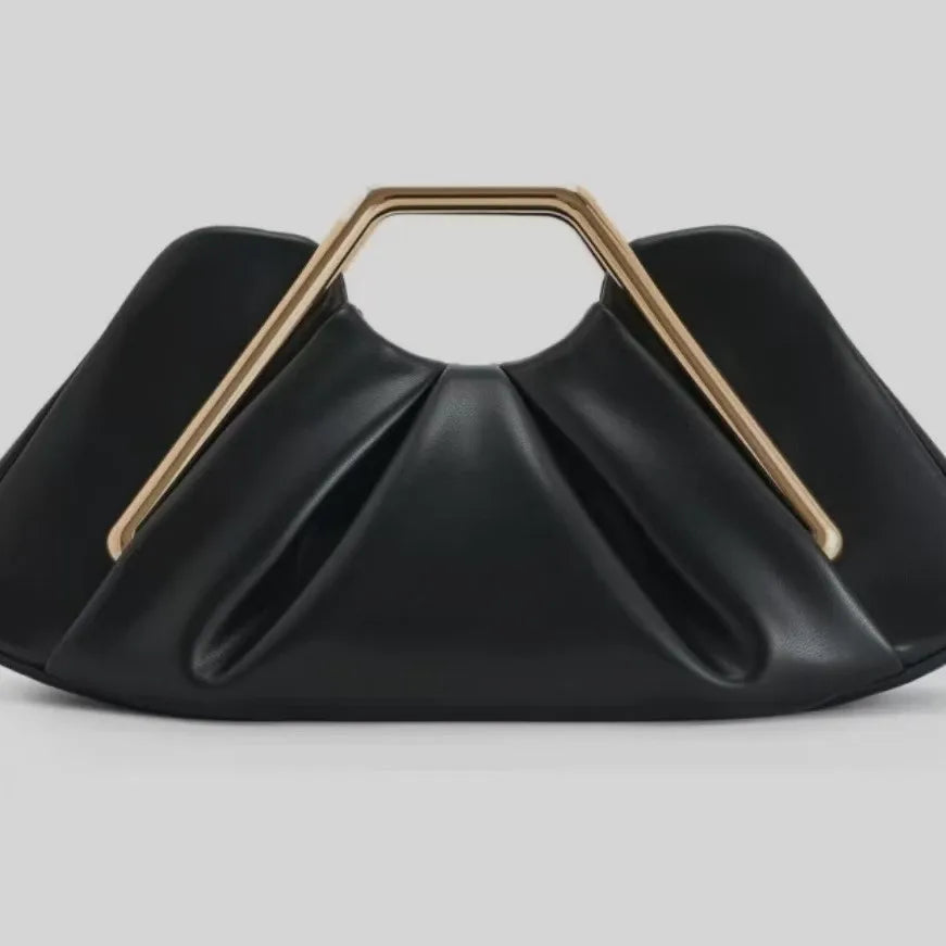 Chic Pleated PU Leather Clutch Bag | Metal Handle Geometric Evening Handbag