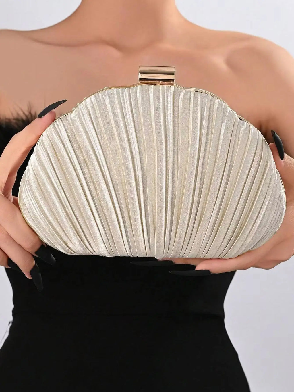 Luxury Metallic Gold-Lock Pleated Party Clutch with Chain Strap