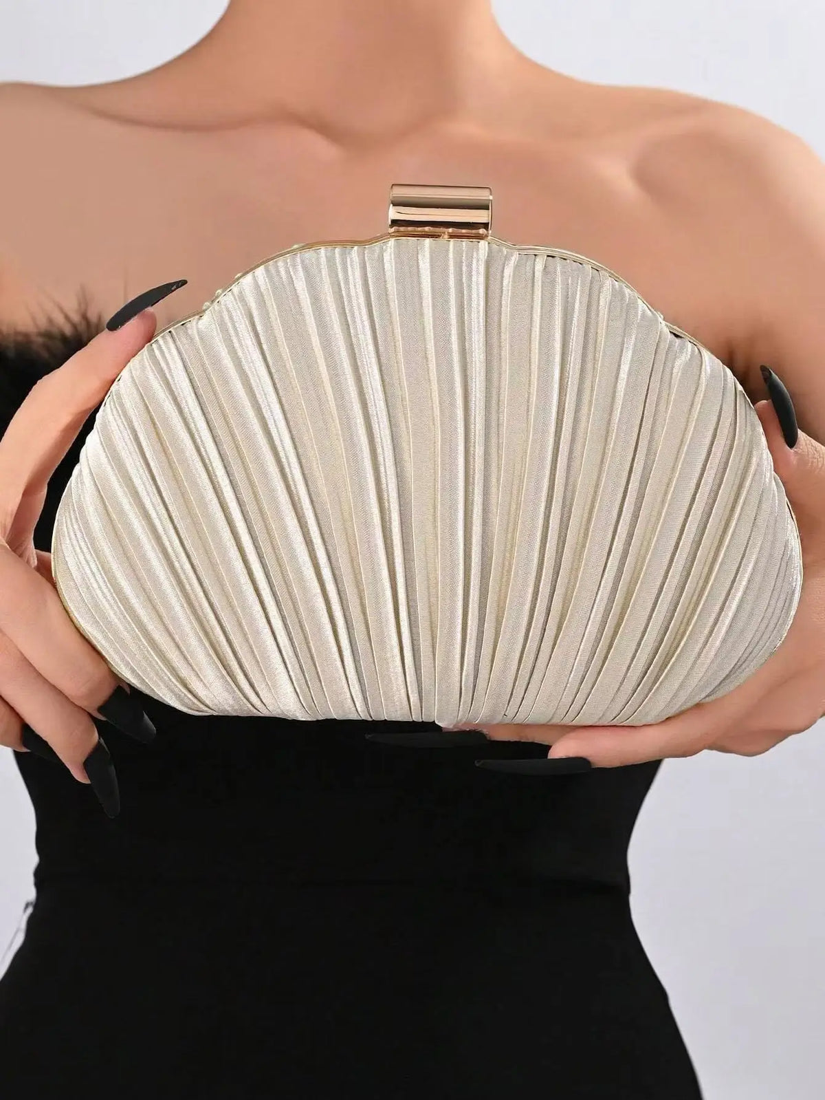 Luxury Metallic Gold-Lock Pleated Party Clutch with Chain Strap