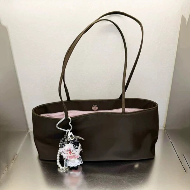 Aura Bags Aesthetic Brown Nylon Tote Bag with Compartments & Keychain Accessories