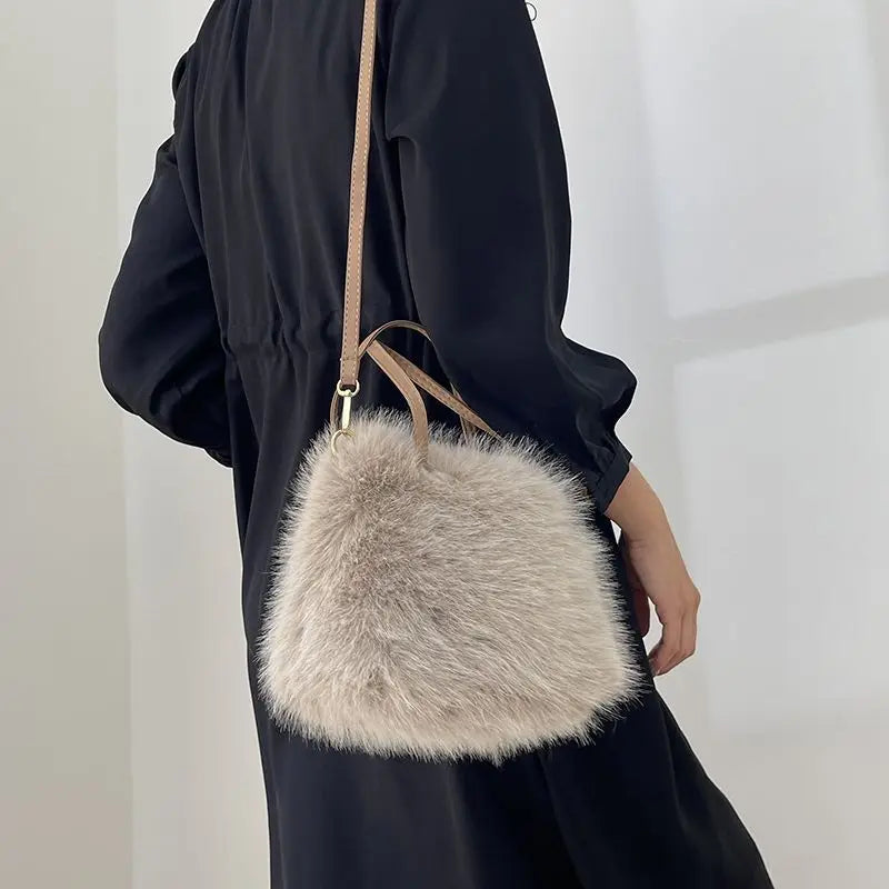 Fluffy Faux Fur Shoulder Bag with Pearl Chain & Crossbody Strap