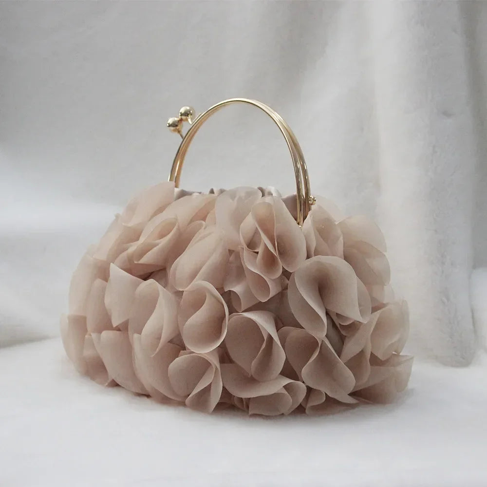 Elegant Floral Ruffle Organza Clutch & Handbag with Gold Metal Kiss-Lock Handle