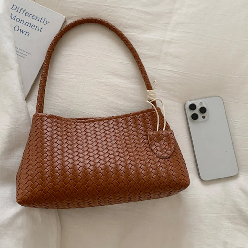 Woven Leather Hobo Shoulder Bag with Knot Accent