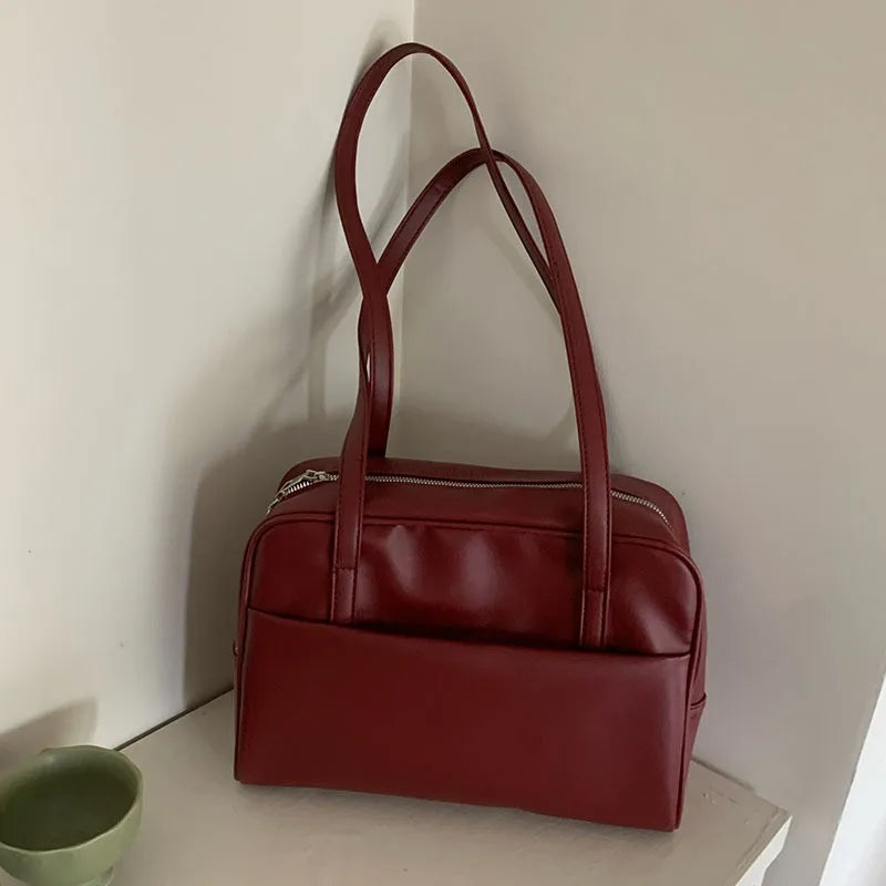 Vintage Dark Brown Leather Shoulder Bag | Retro Boston Duffel Tote with Cute Charm