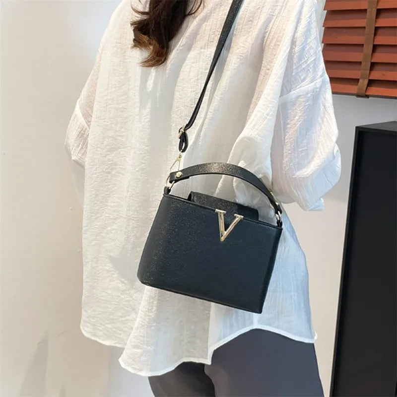 Chic Structured "V" Logo Top-Handle & Crossbody Bag in Classic Black
