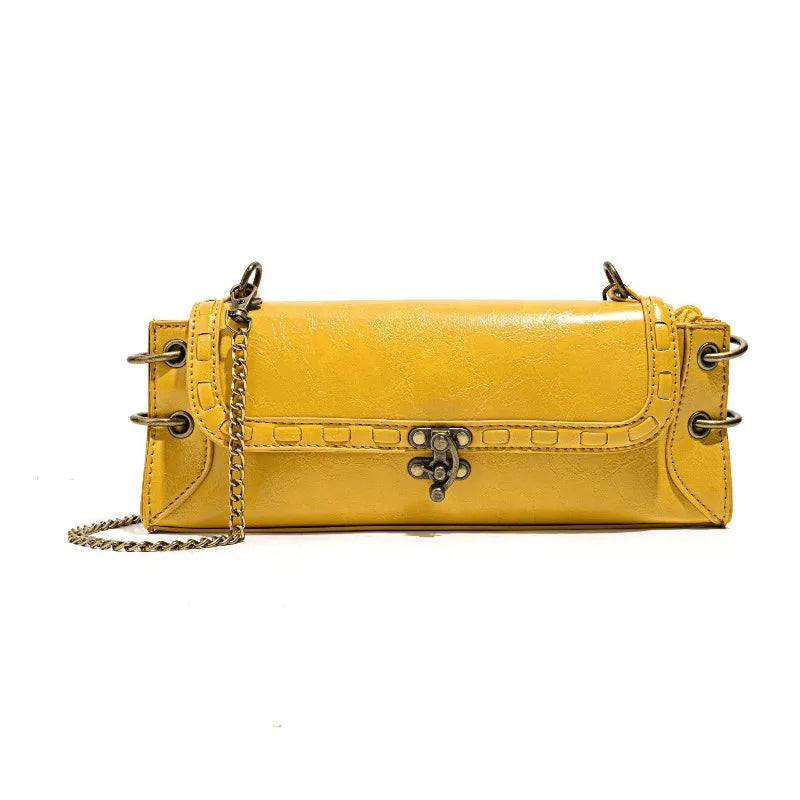 Vintage Olive Green Baguette Shoulder Bag with Brass Chain & Lock