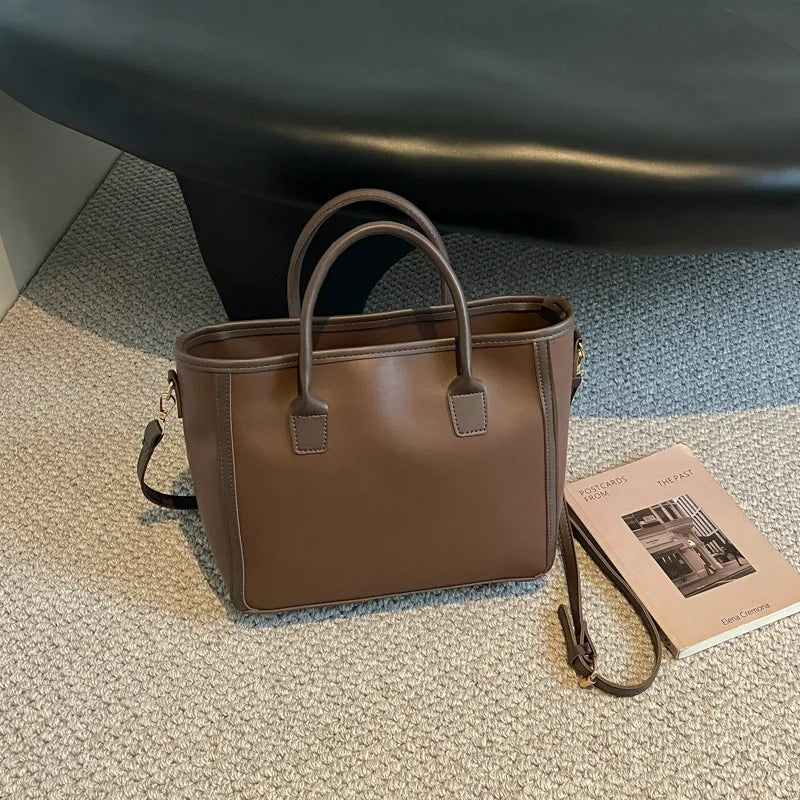 Two-Tone PU Leather Tote Bag with Adjustable Strap & Top Handles