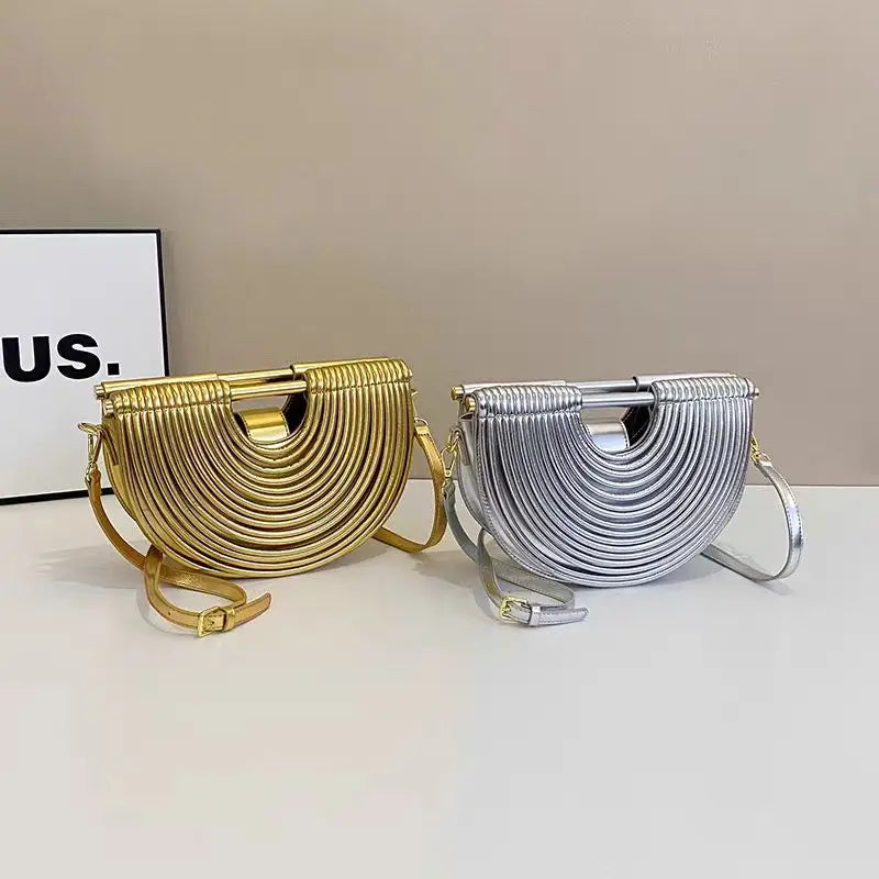Luxury Metallic Gold Pleated Half-Moon Evening Clutch & Crossbody Bag