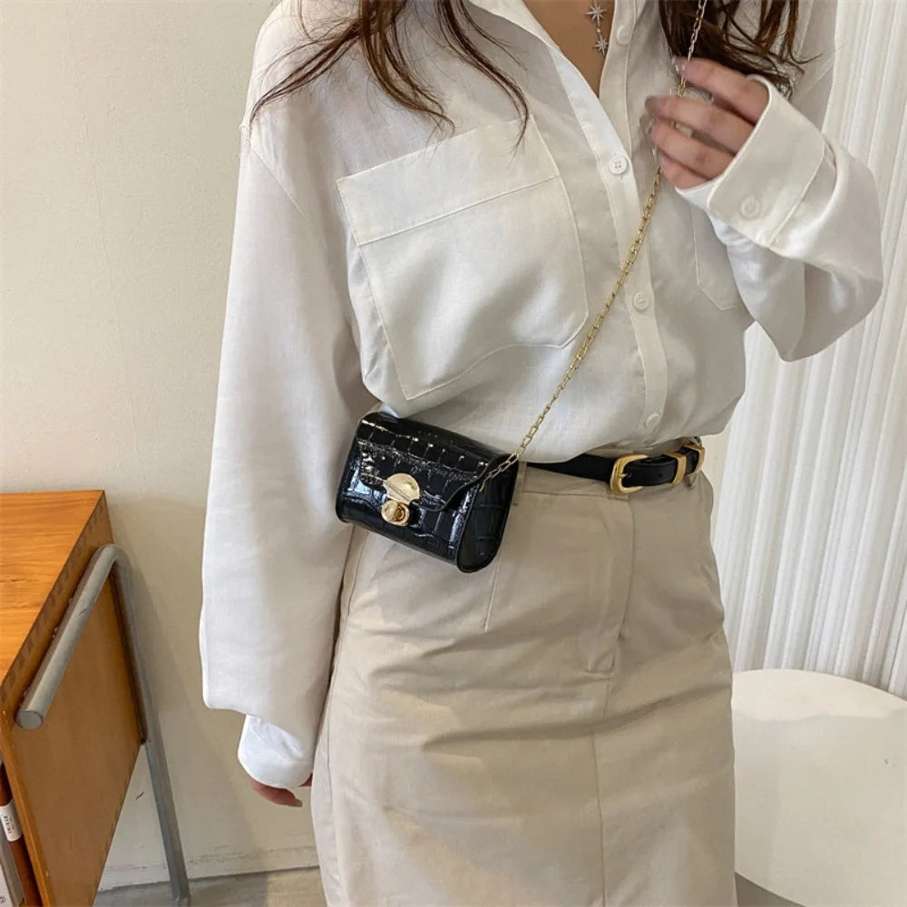 Metallic Silver Crocodile Texture Mini Crossbody Bag – Chic Chain Strap Micro Purse