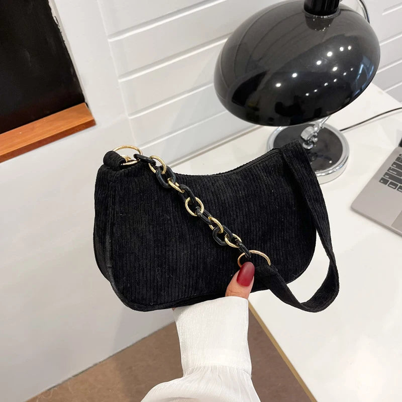 Aesthetic Corduroy Underarm Baguette Bag with Pastel Chain Accent | Soft Girl Y2K Shoulder Purse ✨