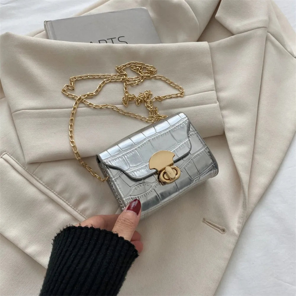 Metallic Silver Crocodile Texture Mini Crossbody Bag – Chic Chain Strap Micro Purse