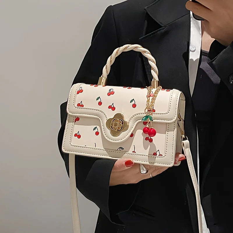 Sweet Cherry Print Mini Crossbody Bag with Twisted Handle and Charm