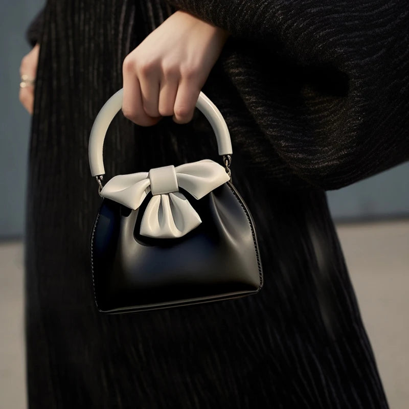 Chic Black & White Bow Mini Handbag – Elegant PU Leather Top Handle Purse & Evening Clutch