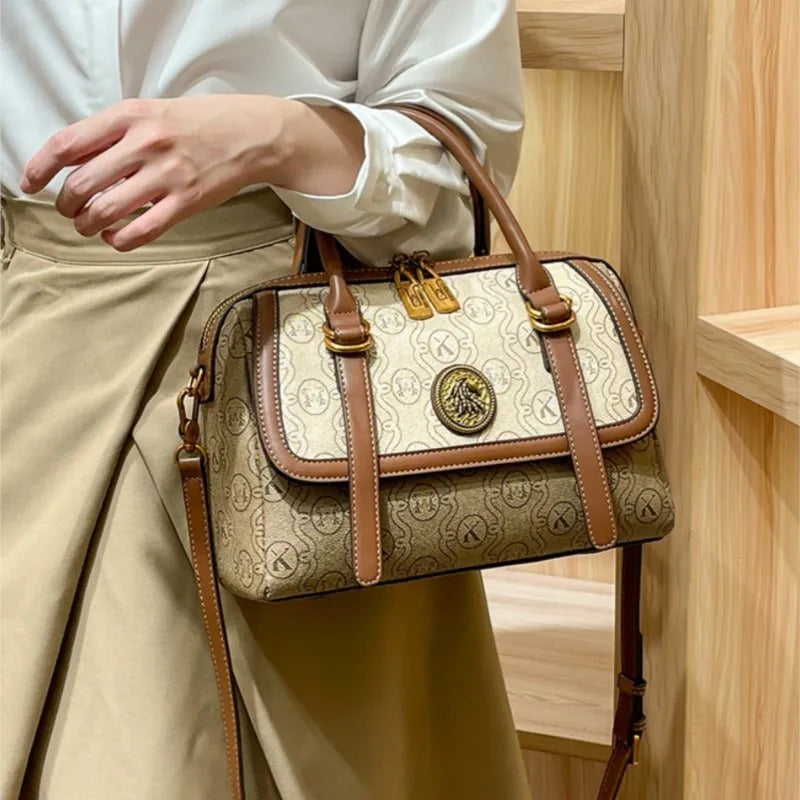 Premium Monogram Boston Handbag - Vintage Canvas Crossbody & Top-Handle Bag for Women