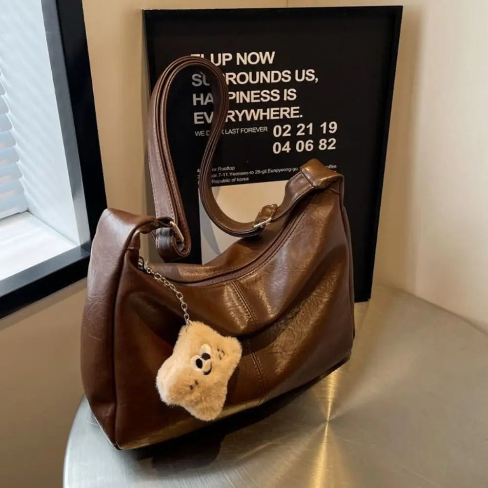 Aura Bags Vintage Brown Slouchy PU Leather Tote Bag with Fluffy Bear Charm